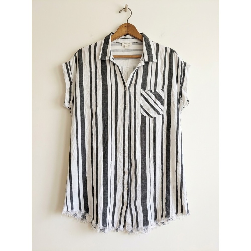 Umgee USA Womens Large Striped Button Down Shirt Grey White Frayed Hem Shirt